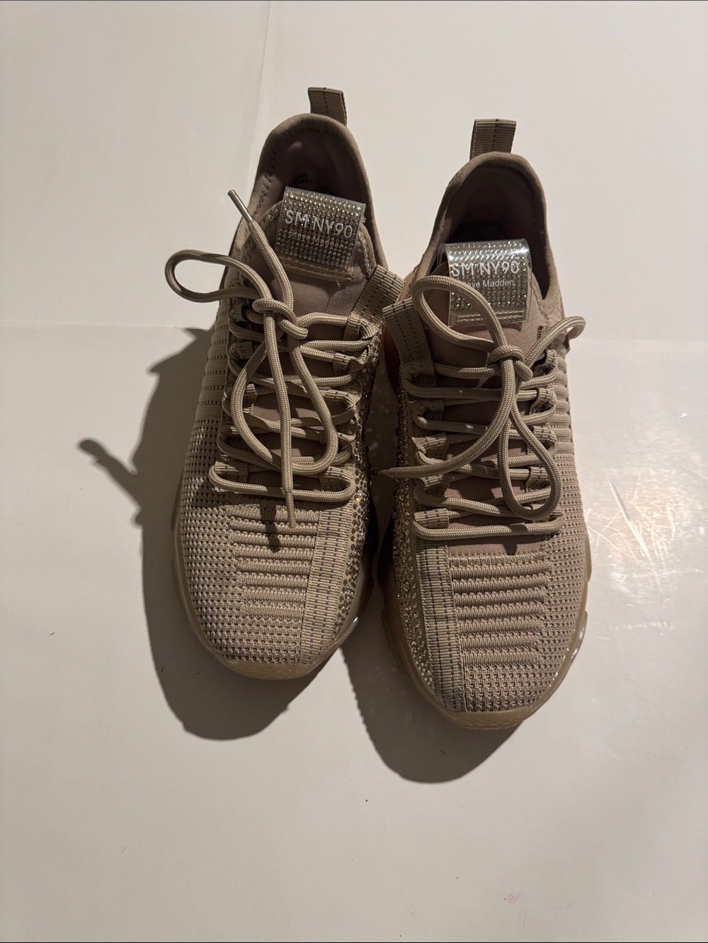 Steve Madden Women's Knit Sneaker in Beige with Crystal Accents